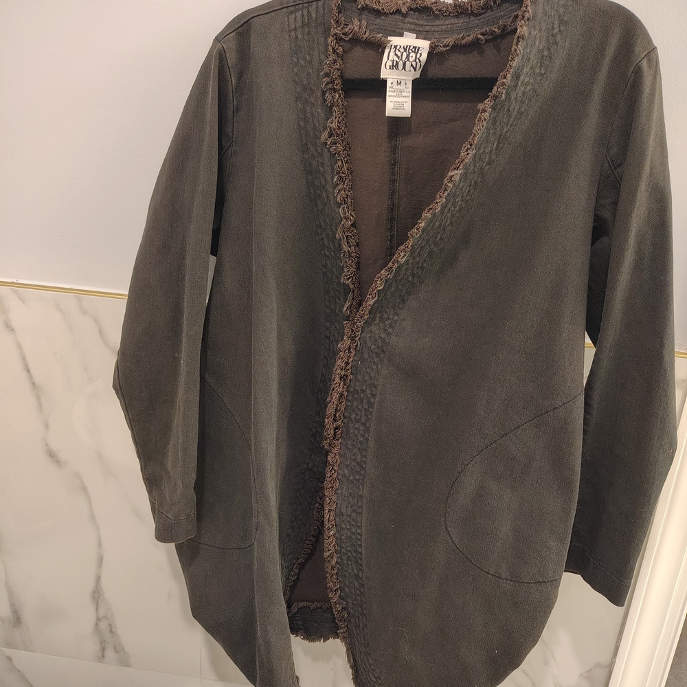 Prairie Underground dark Denim Distressed Trim Long Open Jacket - Picture 7 of 15